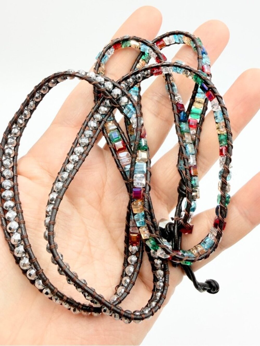 Spunky Soul Wrap Necklace Multicolor Crystal Beaded Leather Cord